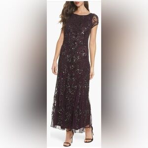 Pissarro Nights Beaded Mesh Midi Cocktail Dress.       Size: 16W Color: New Wine